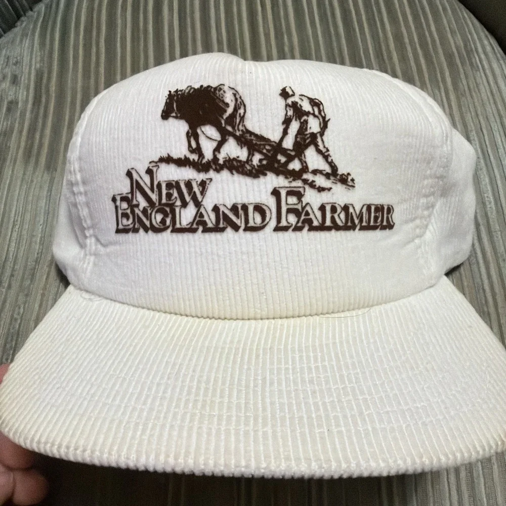 Vintage White Corduroy Hat New England Farmers New Never Worn Horse Plowing